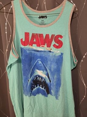 JAWS Graphic Tank Top — Mint with Red & Blue Print
